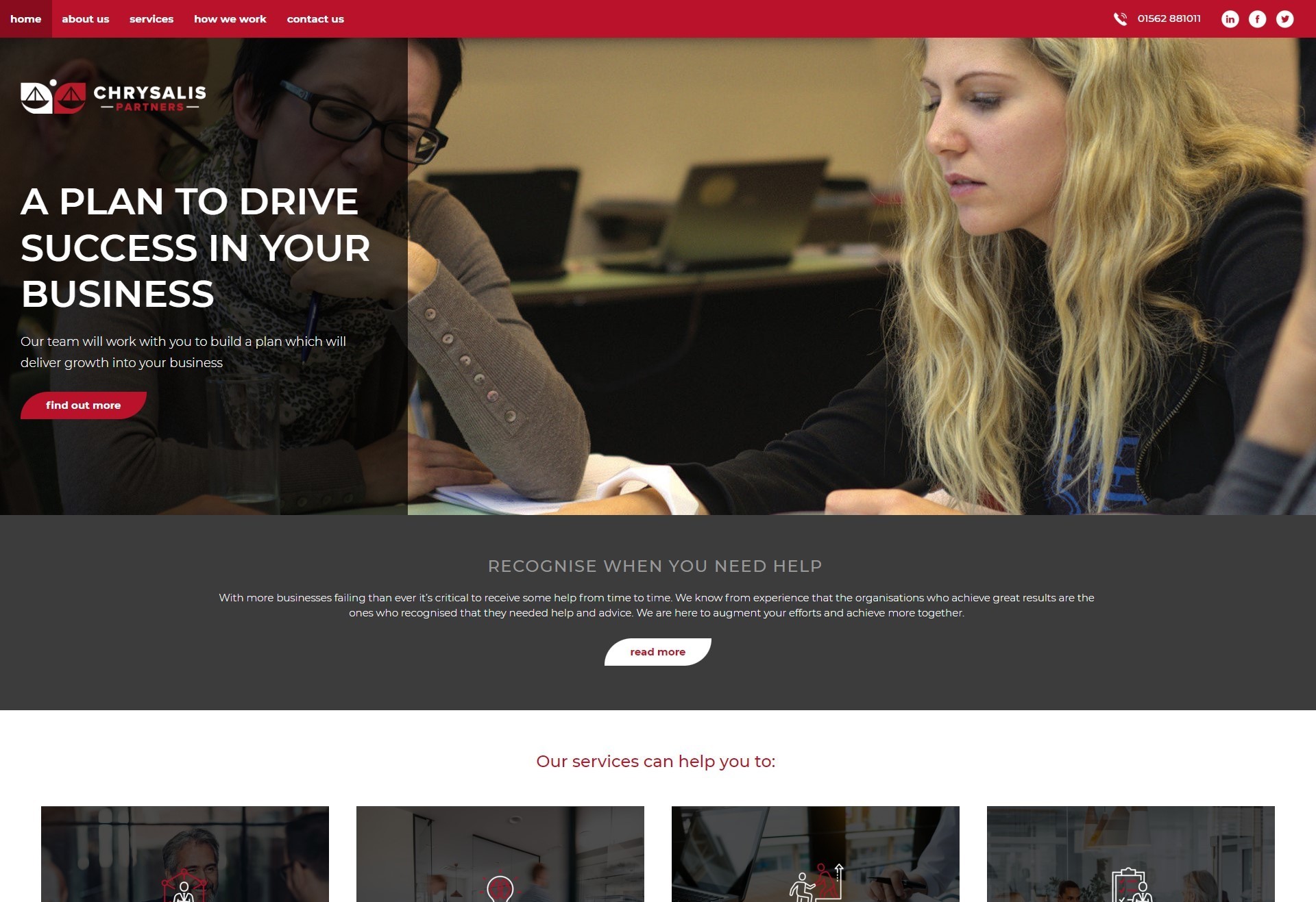 A business growth coach responsive web design with accents of red shown on a desktop.