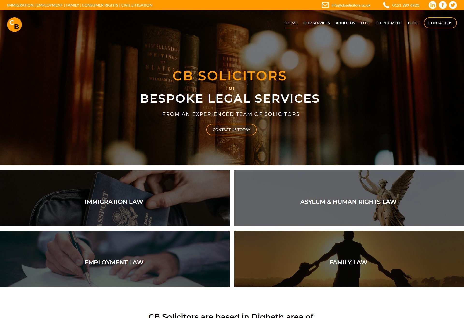 A legal services responsive web design with accents of orange shown on a desktop.